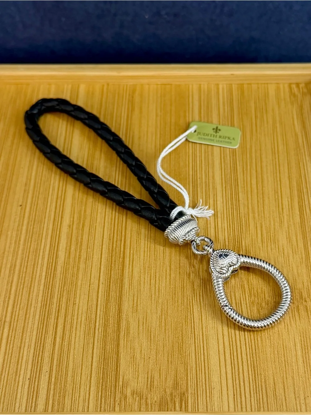 NWT- JUDITH RIPKA Stainless Steel Black Braided Leather Crystal Keyring Keychain